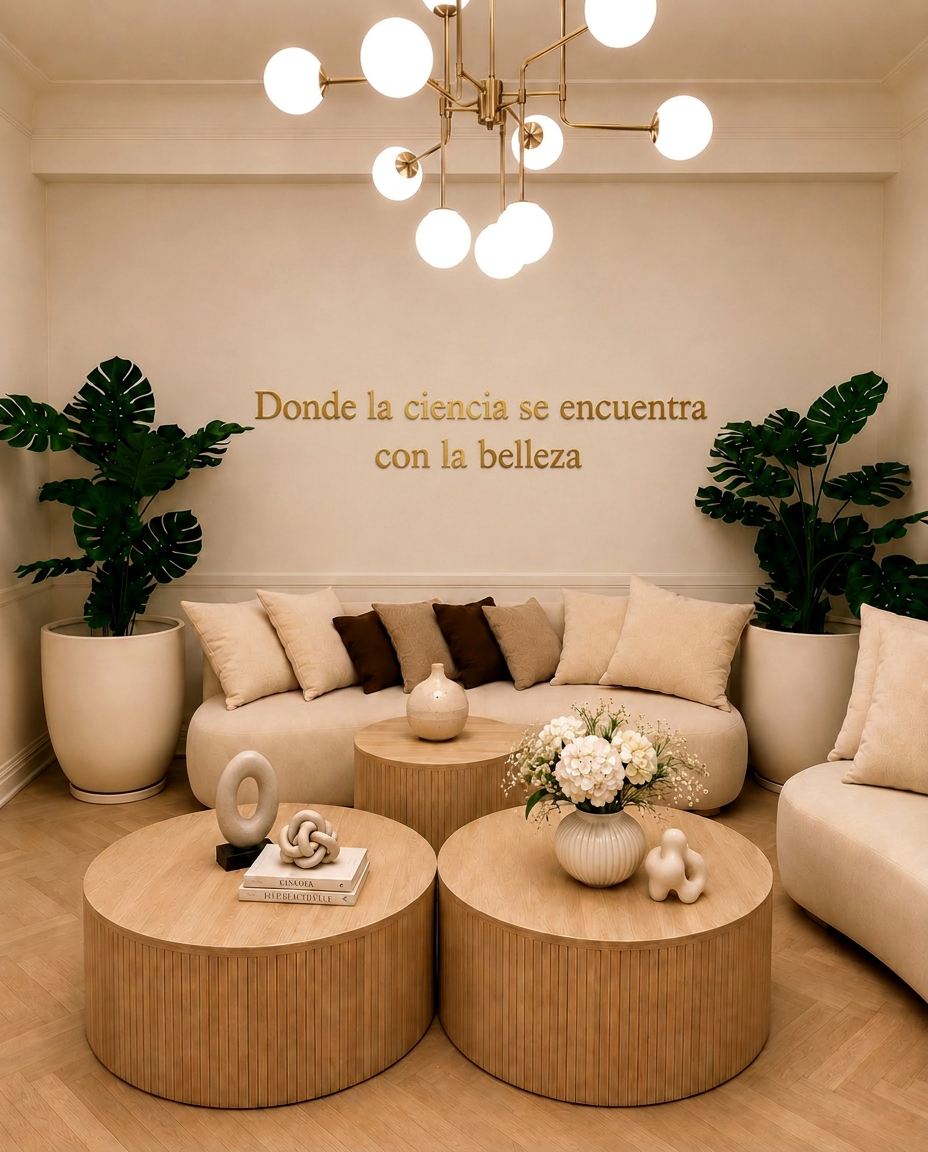 Sala de espera de Mauvelore Clinic con sofás curvos color crema